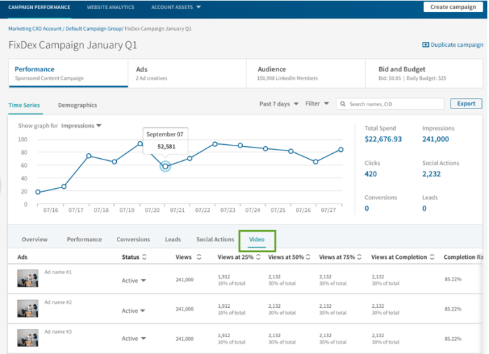 Dashboard för LinkedIn videoannonser (bild: Linkedin)