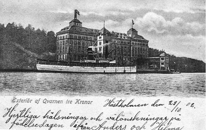 Vykort visar Qvarnen Tre Kronor på Kvarnholmen i Nacka
